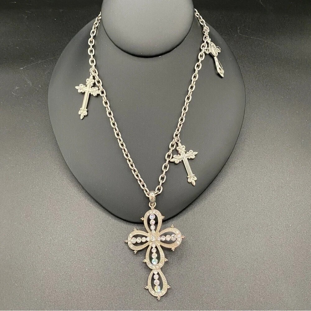 Gothic Multi-Cross Silver Tone Necklace 23in